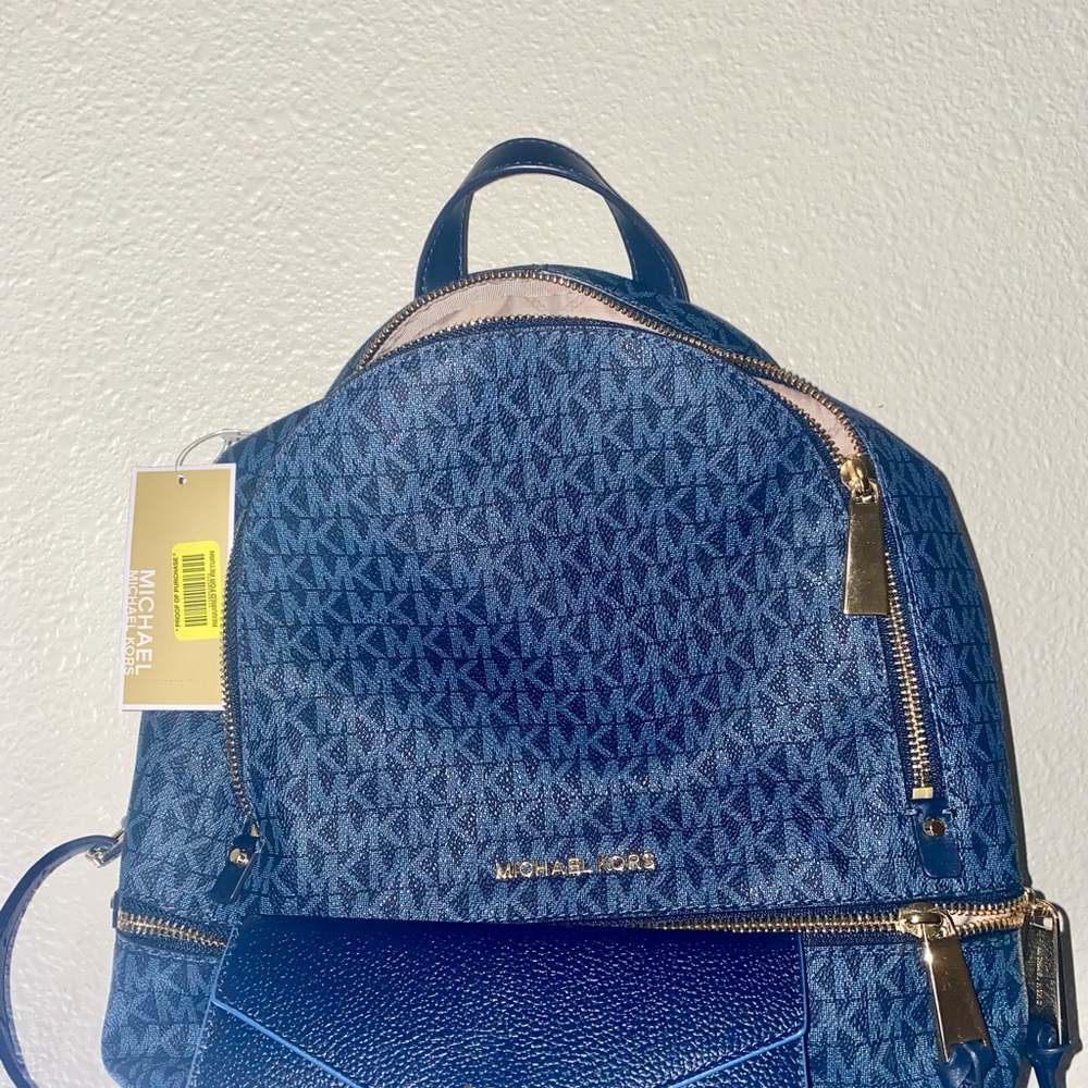 Michael Kors MK Blue Rhea Backpack, Tri-Fold Wallet, & Drawstring Bag Set - Picture 2 of 14
